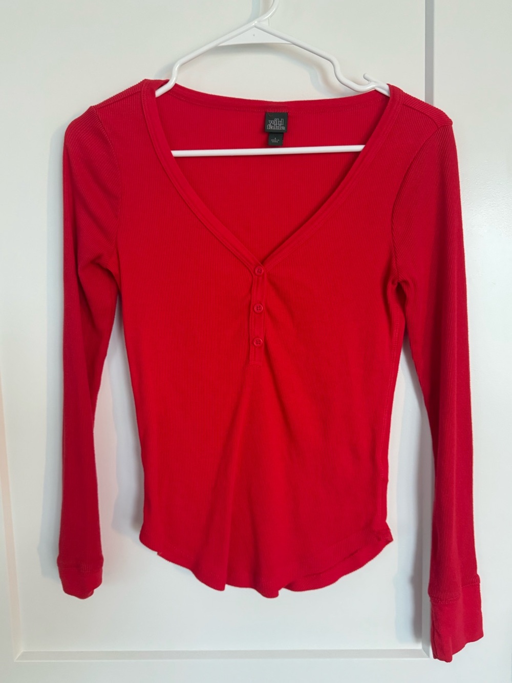 Wild Fable Red Ribbed V-Neck Long Sleeve Henley Top